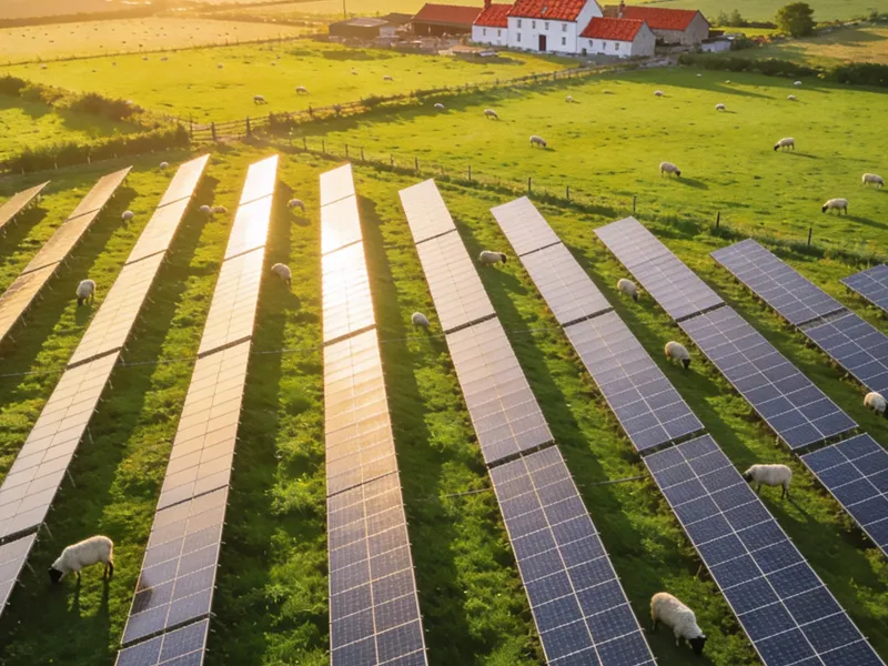 Aerial view of UK solar farm on agricultural land